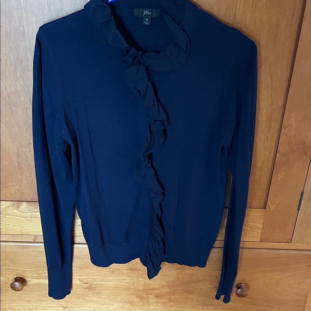 J. Crew Navy Ruffle-Front Long Sleeve Cardigan
